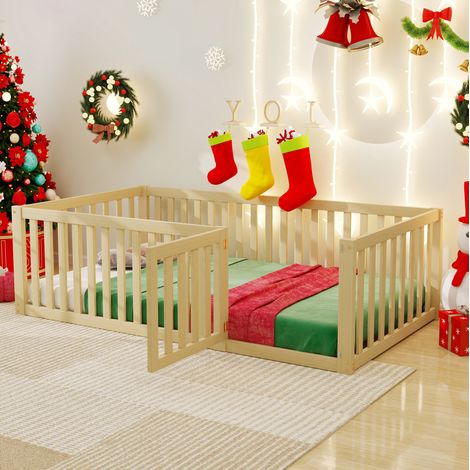 Kinderbodenbett aus Massivholz Natur 90x200 cm mit Sicherheitszaun und kleiner Tür (1/5)