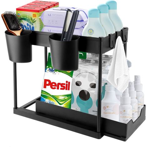 Organisateur sous évier 2 niveaux – Tiroir coulissant amovible – Matériau ABS et acier inoxydable – Pour cuisine et salle de bain, noir – Wyctin