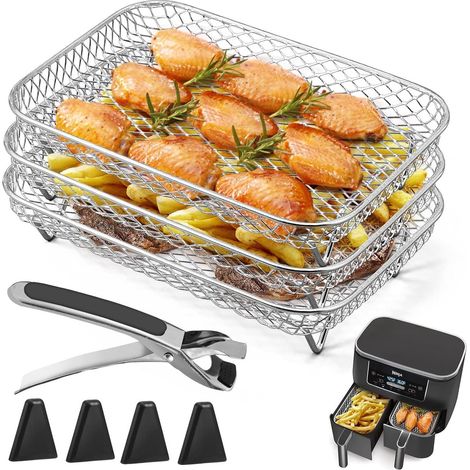 Grille de déshydratation à 3 niveaux pour friteuse à air chaud, avec clip et pieds surélevés, accessoire carré en acier inoxydable, pour friteuses à double panier (1/5)