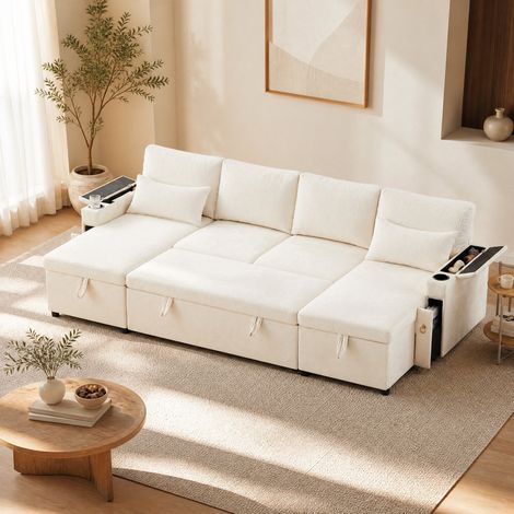 Sofá cama U modular OKWISH beige con almacenamiento y portavasos, 272 x 131 x 84 cm (1/5)