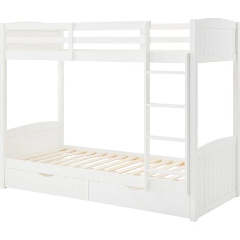 Vente-Unique – Lit superposé 90 x 200 cm – 2 places – 2 tiroirs coulissants – Structure en pin et MDF – Finition vernis blanc – Échelle intégrée (1/5)
