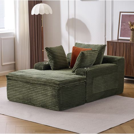 Divano letto angolare 0 cm verde in velluto a coste con cuscini e coperta 2-in-1 (1/5)