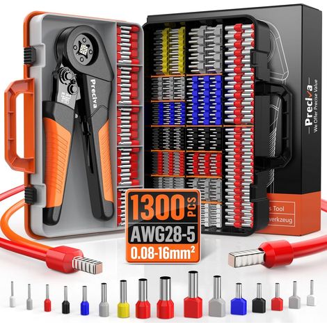 Pince à Sertir 0.08-16mm² avec 1300 Cosses Electriques (350 Double Embouts), Mécanisme Cliquet Réglable, Poignée Ergonomique Anti-Fatigue Pour Câbles Isolés/Non Isolés, avec Boîte de Rangement (1/5)