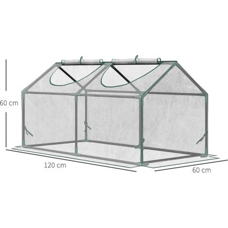 Mini serre transparente 120x60x60cm PVC anti-UV, 2 fenêtres enroulables (1/4)