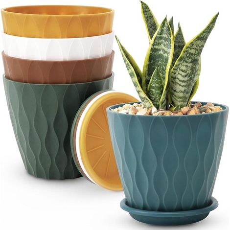 Vasi per piante da interno da 15 cm, 5 vasi da fiori in plastica con sottovasi e fori di drenaggio, vaso decorativo per piante grasse, piccoli vasi da esterno e da interno, moderni multicolore (1/5)