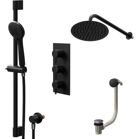 Colore Round Matt Black Concealed Triple Thermostatic Shower Valve with Diverter and 200mm Fixed Head with 345mm Wall Arm and Slide Rail Kit with Free-Flow Bath Filler - 3 Outlet (1/5)
