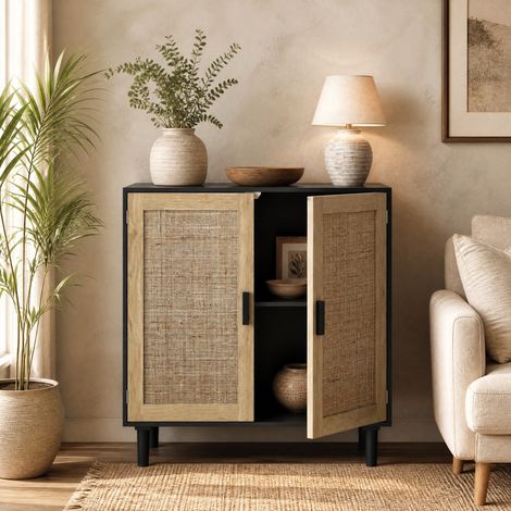 Armario de almacenaje de 2 puertas (80x40x88 cm), con puertas magnéticas, tiradores de madera, ratán, MDF, negro (1/5)
