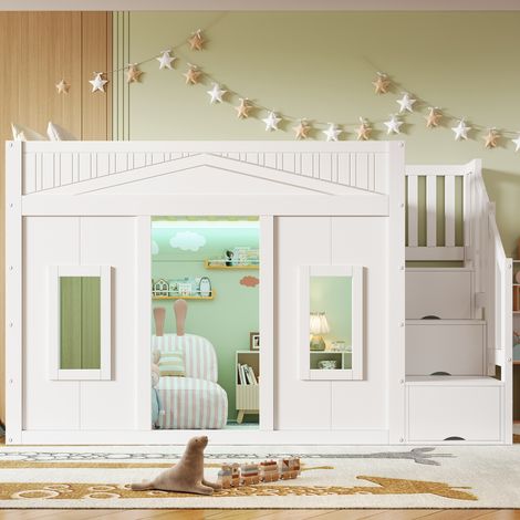 Lit mezzanine enfant 90x200 cm avec escalier rangement, fenêtre décorative, garde-corps et éclairage LED - Blanc (1/5)