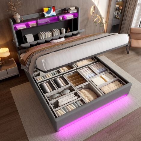 Polsterbett 160/200 cm dunkelgrau aus Samt mit LED, USB-C und Stauraum-Kopfteil (1/5)