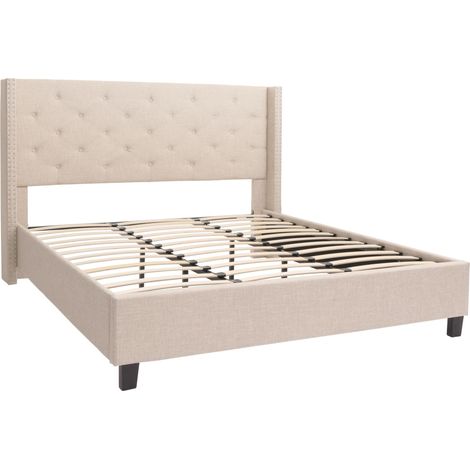 Letto imbottito 180x200 cm in tessuto crema-beige con rete a doghe struttura in legno massello testiera capitonné in stile classico 040010071