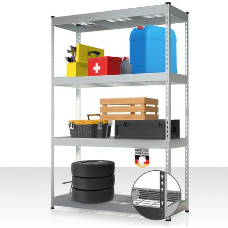 Étagère pour charges lourdes en acier avec tablettes grillagées Galvanisé 180 x 120 x 45 cm, 4 étages, Charge maximale : 1400kg