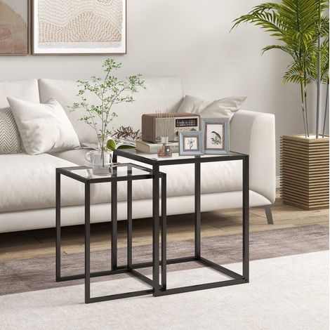 Set de 2 mesas auxiliares 42x42x51 cm y 33x33x45.5 cm negras de vidrio templado apilables con estructura de acero (1/5)