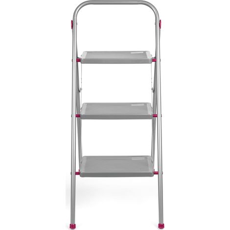 Escabeau Pliable à 3 Marches 105 cm, Marchepied Robuste Pliable de Bricolage, Pour Intérieur/Extérieur, Capacité max 150 kg, Facile à Ranger, Acier Allié, Pieds Antidérapant, Rose/Gris (1/5)