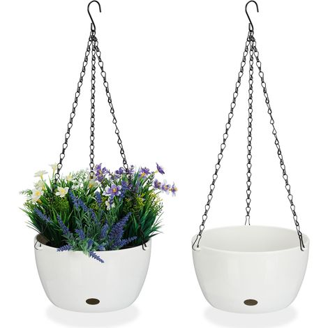 Set di 2 vasi da fiori appesi da interno e esterno con serbatoio d'acqua 25 x 15 cm in plastica bianca 130014783