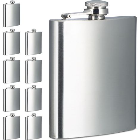 Relaxdays Petite flasque pratique, lot de 10, 200 ml, fiole en acier inoxydable, pour vos excursions, argentée (1/5)