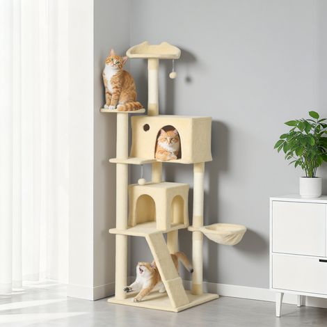 180 cm hoher Katzenkratzbaum mit Plattformen, Bett, 2 Höhlen, Hängematte, Leiter und beigefarbenen Sisalstämmen