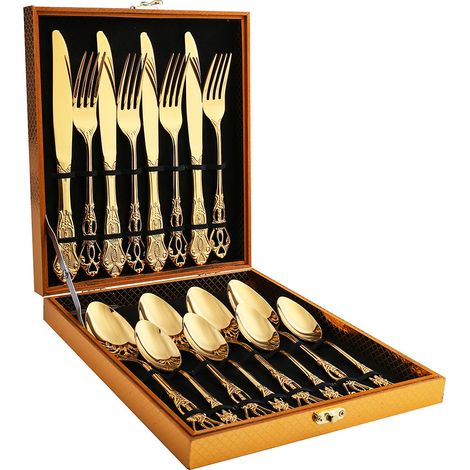 (Ensemble de 16 pièces - doré) Coffret en bois de couverts en acier inoxydable, couteau, fourchette et cuillère de style rétro européen, décorés en relief. (1/5)