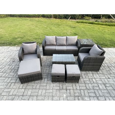 Fimous 8 places Salon de jardin avec Table basse rectangulaire 3 Tabourets Canapé 3 places Table d'appoint Gris foncé mixte (1/5)