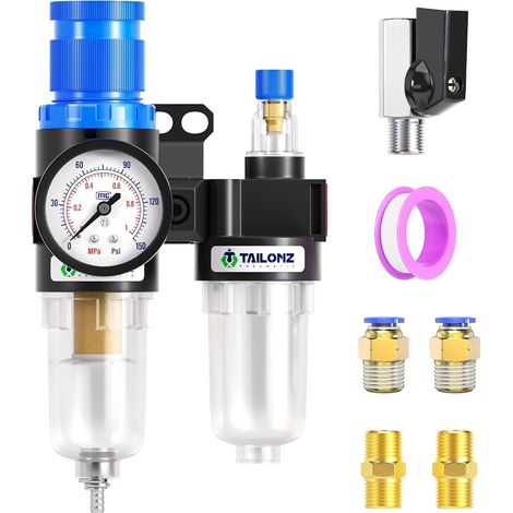 Air Filter Regulator Kit AFC2000 1/4" BSP 0-1 MPA 5 Micron Brass Filter for Air Tool Compressor with Pressure Gauge and Lubrication Bucket (1/5)