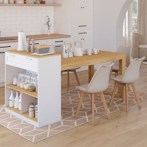 Isla central con mesa de comedor blanca GARY 190 cm para 5 personas con tablero de efecto madera (1/5)