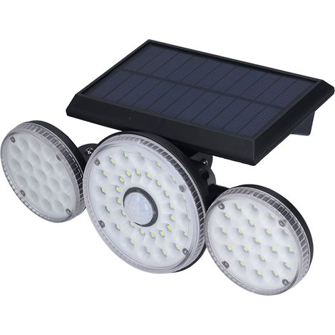 Projecteur solaire d'extérieur à détecteur de mouvement, 3 têtes orientables, 70 LED, étanche IP65, pour cour, jardin ou allée. (1/5)