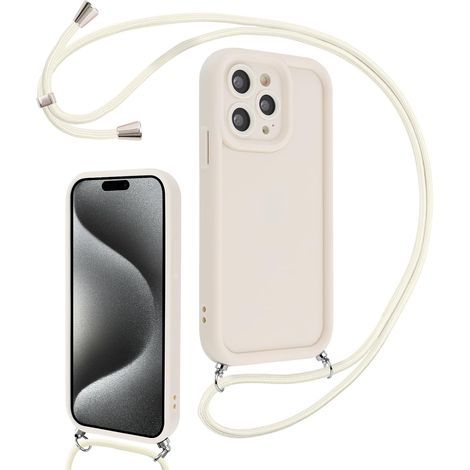 Coque pour iPhone 15 Pro Max 6,7" avec Cordon de Collier Réglable, Etui Protection de la Caméra Silicone Souple TPU Antichoc Housse avec Corde Lanyard Cover pour Femmes Filles, Blanc (1/5)