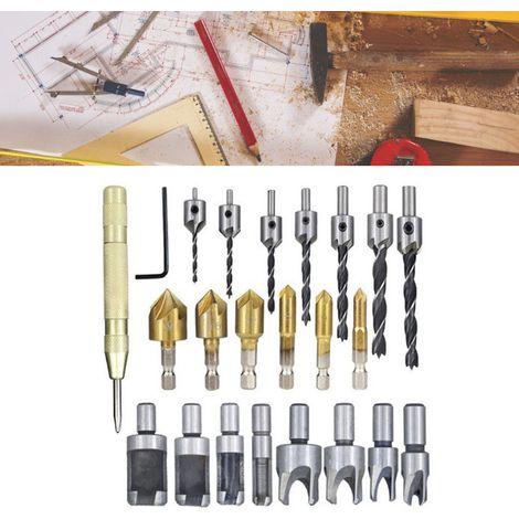 Jeu de 23 forets à bois, acier inoxydable et laiton, queue hexagonale 1/4in, fraise à lamage 3/8in, pour menuiserie et bricolage. (1/5)