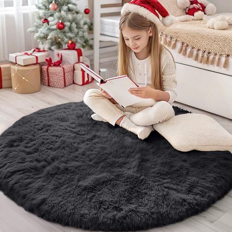 Tapis Moelleux à Poils Longs - Dessous antidérapant - Lavable - pour Le Salon, la Chambre d'enfant, la Chambre à Coucher - 160 cm Rond, Noir (1/5)