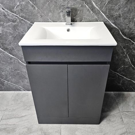 Bathroom Vanity Unit with Ceramic Basin In Matt Deep Graphite Obsidian 600mm, No Tap (1/5)