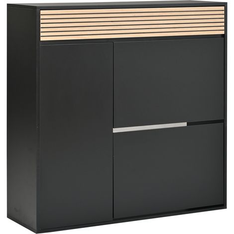 Zapatero estrecho con 1 puerta, 2 abatibles, negro y madera, 100 x 35 x 105 cm (1/5)