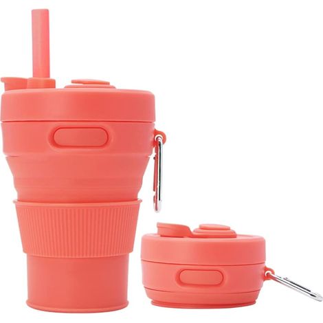 Gobelet pliable en silicone 450 ml, mandarine, avec paille, idéal pour camping et voyage. (1/5)