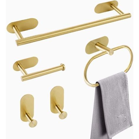 Kit de baño de 5 piezas: accesorios de acero inoxidable SUS304, toalleros y anillas chapados en oro (no requiere perforación). (1/4)