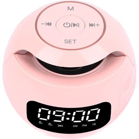Réveil Bluetooth rond et compact avec lecteur de carte mémoire, radio et veilleuse intégrées.