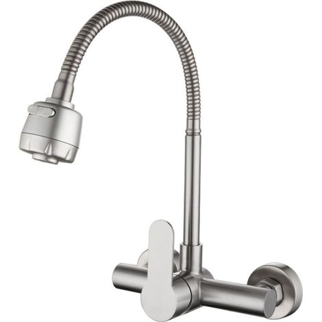 Robinet de Cuisine Mitigeur mural 304 acier inoxydable évier Rotatif à 360° Robinet Evier Deux modes de sortie d'eau avec Flexible Tuyau (1/5)