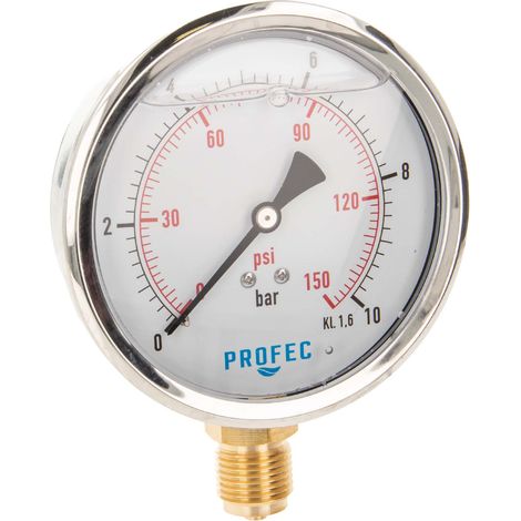 Profec Manometer 0 - 10 bar, Glyzeringefüllt, Ø 100 mm, 1/2 Zoll Anschluss nach unten Radial