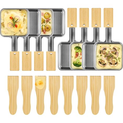 Poêles à Raclette Carrées en Acier Inoxydable avec Manche Extra Long et Poignée en Bambou, Spatules en Bambou, Sans Revêtement, Grandes Poêles Raclette, Accessoires de Remplacement (1/5)