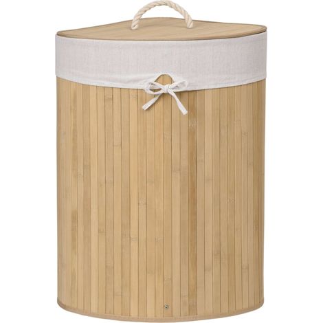 Cesto de ropa esquinero de bambú con tapa natural de 60 litros. (1/5)
