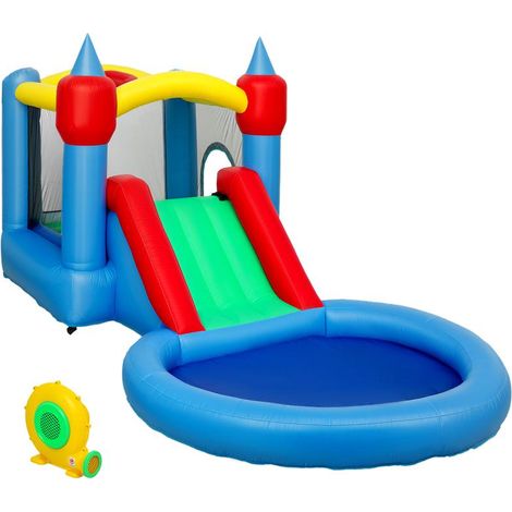Château 415x205x190 cm avec toboggan, piscine, balles et basket, gonfleur inclus, pour intérieur et extérieur, parc enfant ludique