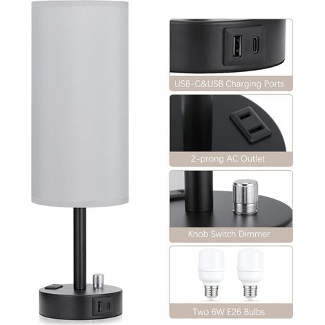 Lampe de chevet - Lampe de bureau avec gradation tactile 3 niveaux - Prise 230 V + USB-C et USB-A - Abat-jour en tissu noir - Ampoule LED E27 incluse - 1 pièce (1/5)
