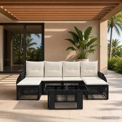 vidaXL Set Divano da Giardino 7 pz Nero e Bianco Crema polyrattan (1/5)