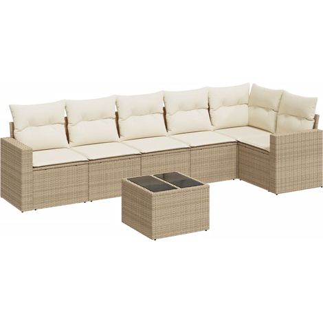 Salon de jardin avec coussins 7 pcs Mobilier de jardin beige résine tressée (1/5)