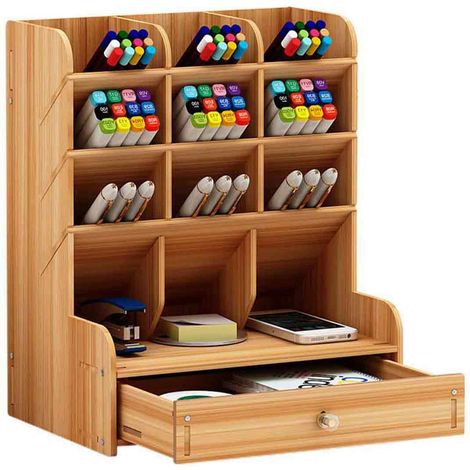 Organisateur De Stylos - Bois Massif - 6 Compartiments - Bureau Bureau D Étudiant Bureau À Domicile - 1 Pièce (1/5)