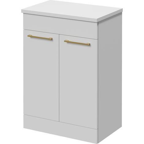 Napoli 390 Gloss White 600mm 2 Door Vanity Unit for Countertop Basins - 600mm - Brushed Brass 160mm Handle