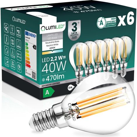 Lot de 6 ampoules LED E14 sphériques P45 2,2 W 470 lm (équivalent 40 W, 4000 K, neutre, filament 360°, classe A, LUMILED).