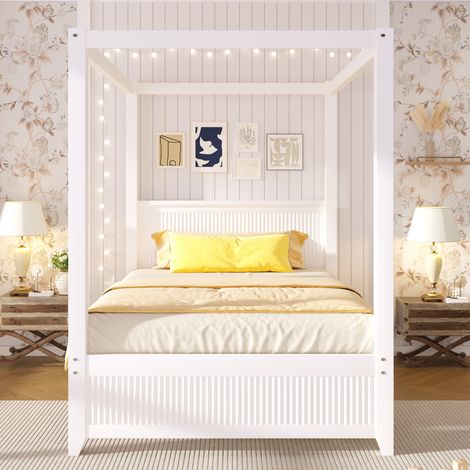 Lit baldaquin 90x200cm - cadre décoratif + lattes + style scandinave - bois - blanc (1/5)