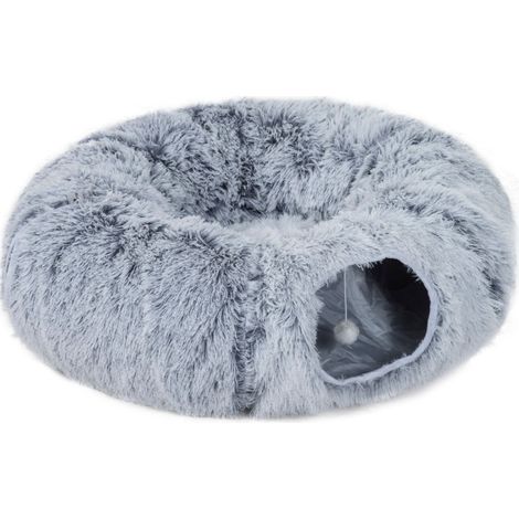 Túnel para gatos de felpa gris claro con cojín, plegable y estructura metálica (1/5)