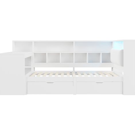 Cama plataforma en L 90x200 con escritorio, estantería, cabecero tapizado, cajones y LED, blanca (1/5)