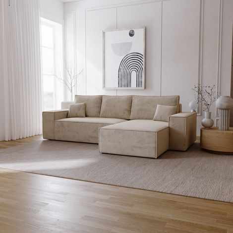 Emporius Canapé d'angle convertible Bergamo, tissu velours - droite, canapé 277 cm beige (1/5)