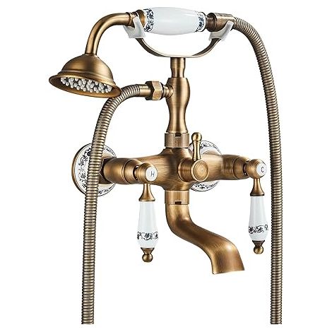 Robinet de baignoire mural ancien avec douchette, ensemble vintage comprenant pommeau, 2 boutons en porcelaine bleue et blanche, support et flexible de 1,5 m, finition bronze 1-FDH-Q2 (1/5)