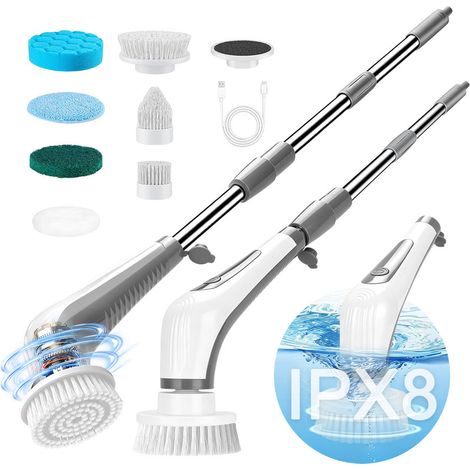 Brosse Nettoyage Electrique - IPX8 Entièrement Étanche - Brosse rotative 7-en-1 sans fil, 2 Vitesses, Manche Réglable (1/5)